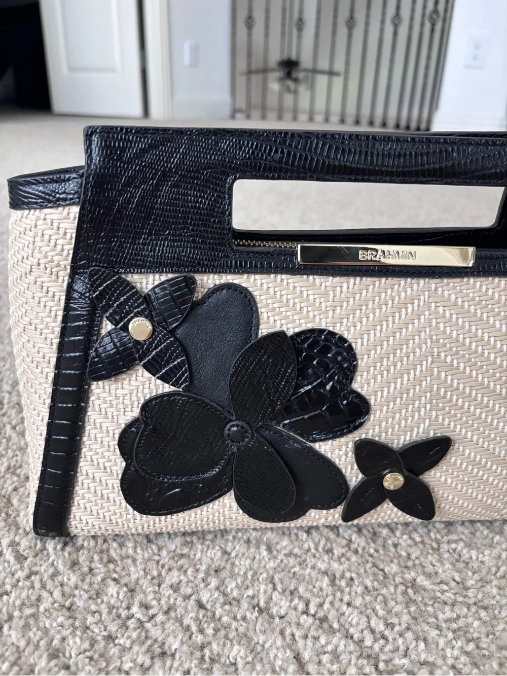 Brahmin Raffia Lenox Clutch Bag with Black 3D Floral